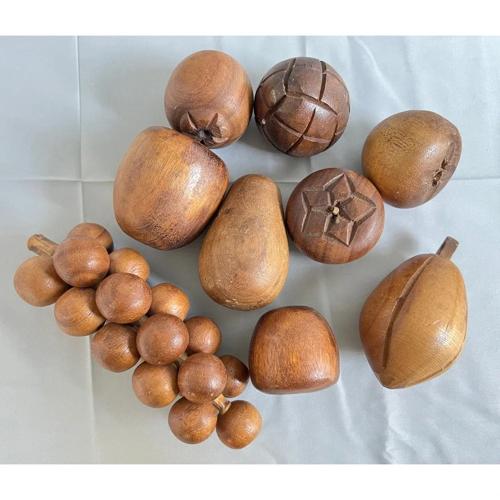 Vintage Hand Carved Wooden Fruit 10 Piece Set with Leaf Shaped Bowl Centerpiece